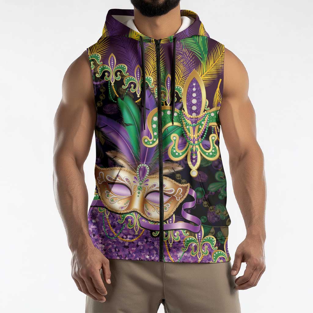 Fleur De Lis Mardi Gras Mask Sleeveless Zip Hoodie 504 NOLA Carnival Feathers Glitter Effect