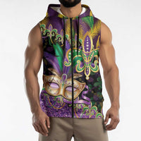 Fleur De Lis Mardi Gras Mask Sleeveless Zip Hoodie 504 NOLA Carnival Feathers Glitter Effect