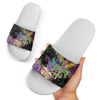 Fleur De Lis Mardi Gras Mask Slide Sandals 504 NOLA Carnival Feathers Glitter Effect