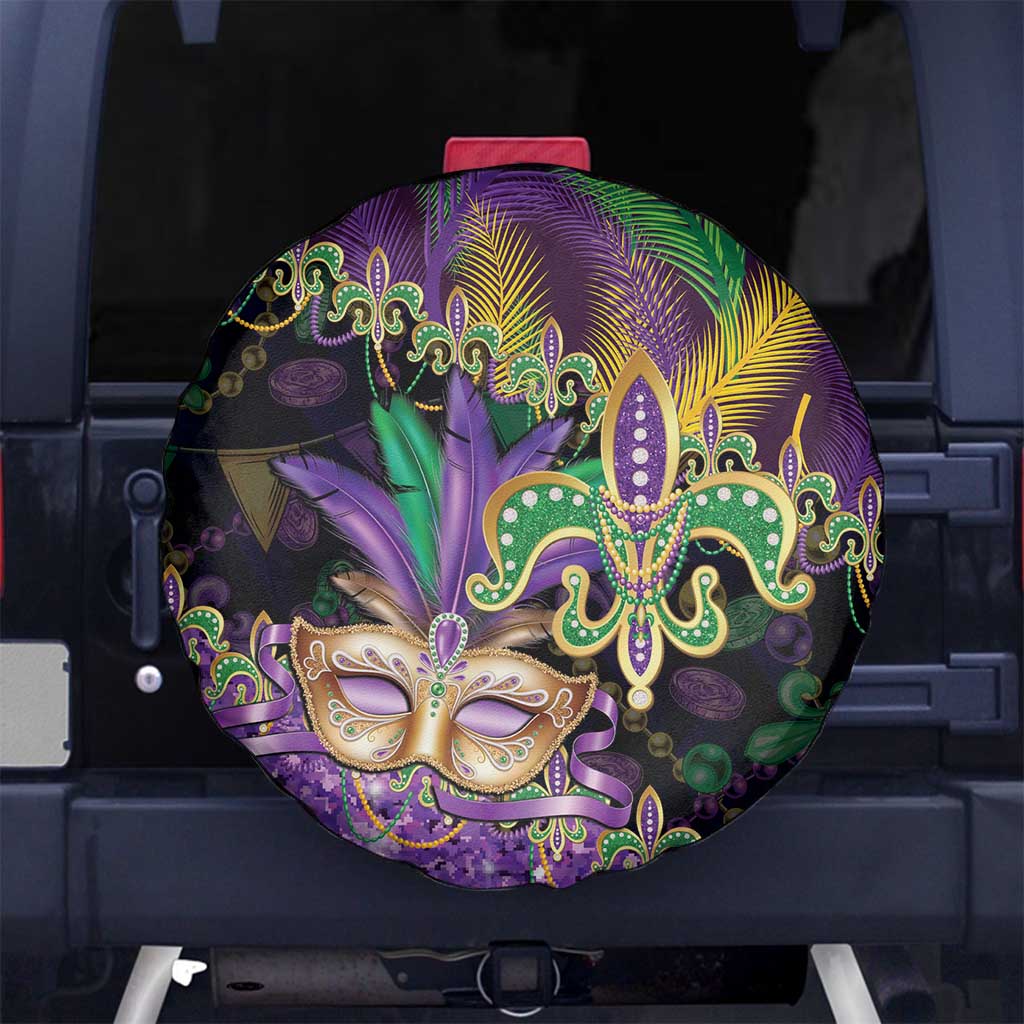 Fleur De Lis Mardi Gras Mask Spare Tire Cover 504 NOLA Carnival Feathers Glitter Effect