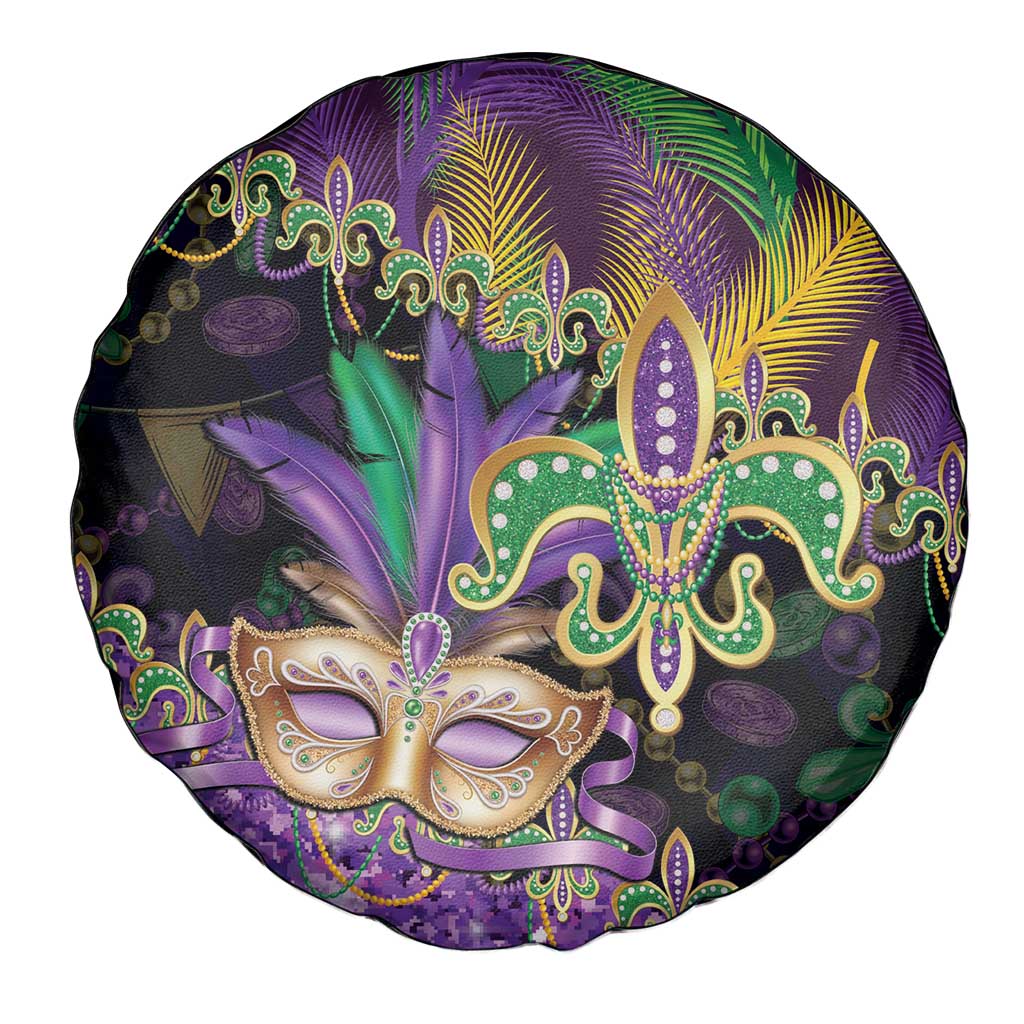 Fleur De Lis Mardi Gras Mask Spare Tire Cover 504 NOLA Carnival Feathers Glitter Effect