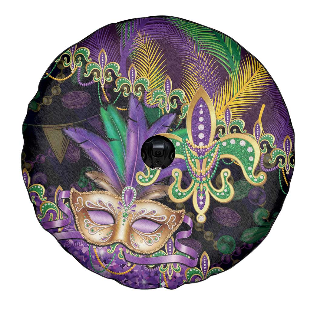 Fleur De Lis Mardi Gras Mask Spare Tire Cover 504 NOLA Carnival Feathers Glitter Effect