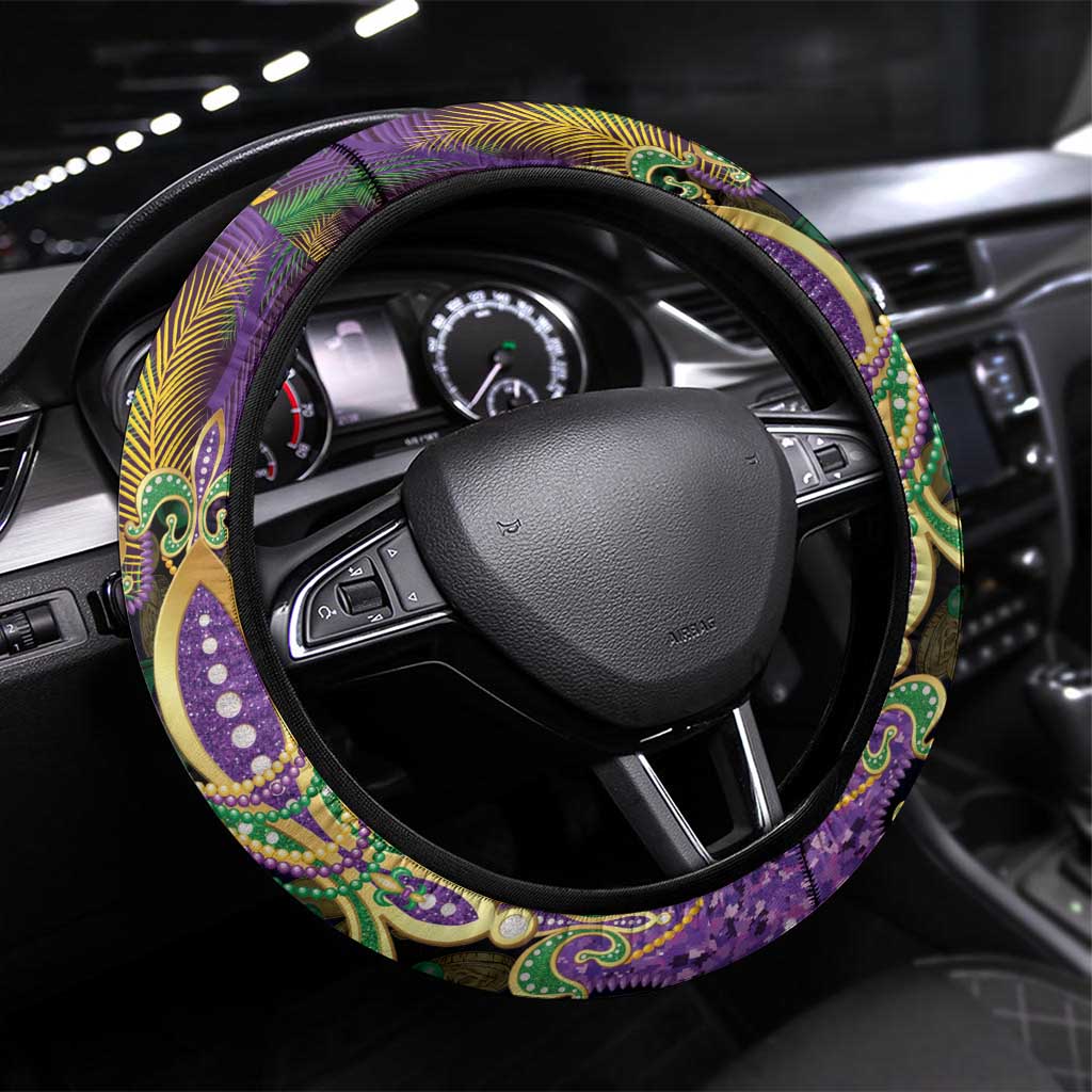 Fleur De Lis Mardi Gras Mask Steering Wheel Cover 504 NOLA Carnival Feathers Glitter Effect