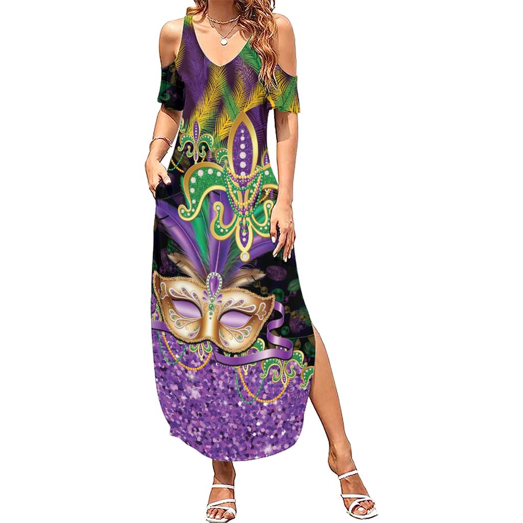 Fleur De Lis Mardi Gras Mask Summer Maxi Dress 504 NOLA Carnival Feathers Glitter Effect