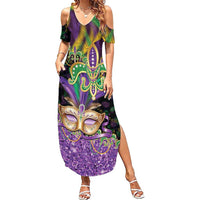 Fleur De Lis Mardi Gras Mask Summer Maxi Dress 504 NOLA Carnival Feathers Glitter Effect