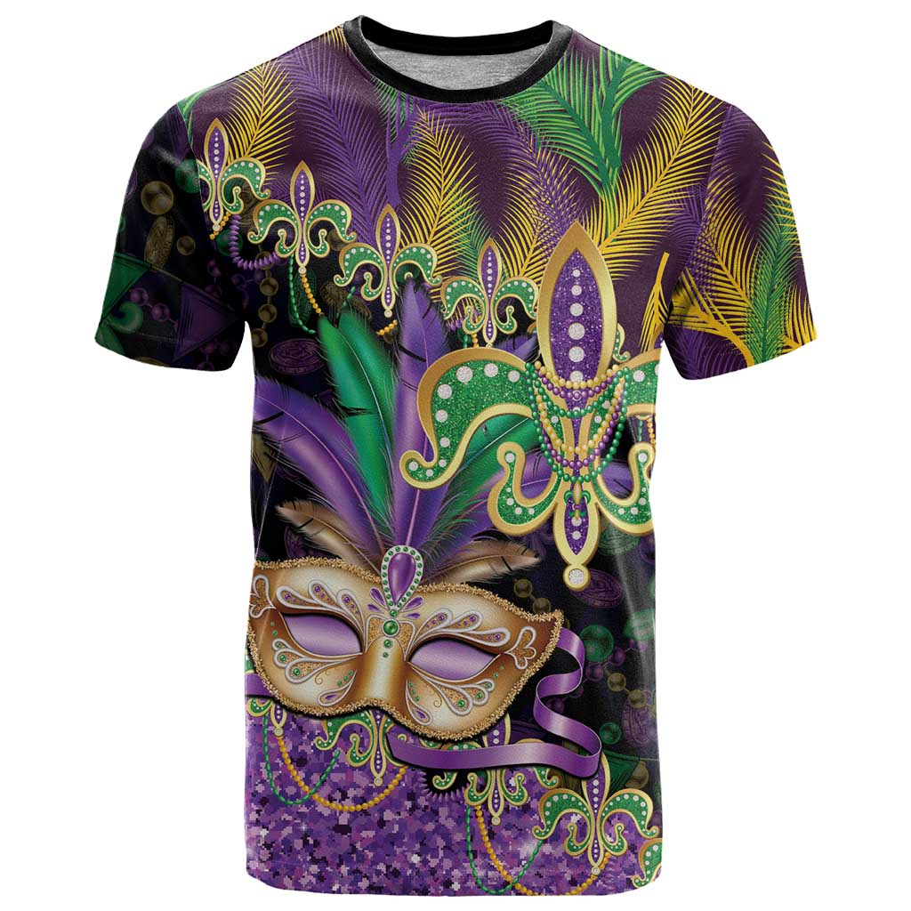 Fleur De Lis Mardi Gras Mask T Shirt 504 NOLA Carnival Feathers Glitter Effect