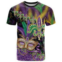 Fleur De Lis Mardi Gras Mask T Shirt 504 NOLA Carnival Feathers Glitter Effect