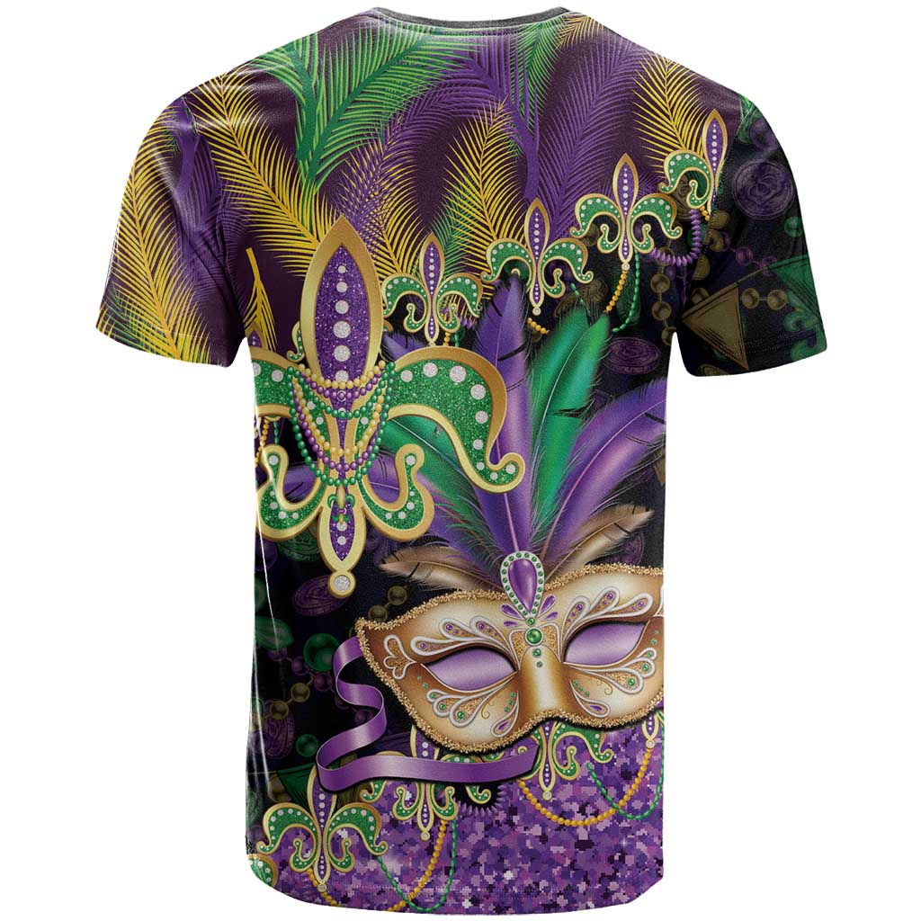 Fleur De Lis Mardi Gras Mask T Shirt 504 NOLA Carnival Feathers Glitter Effect