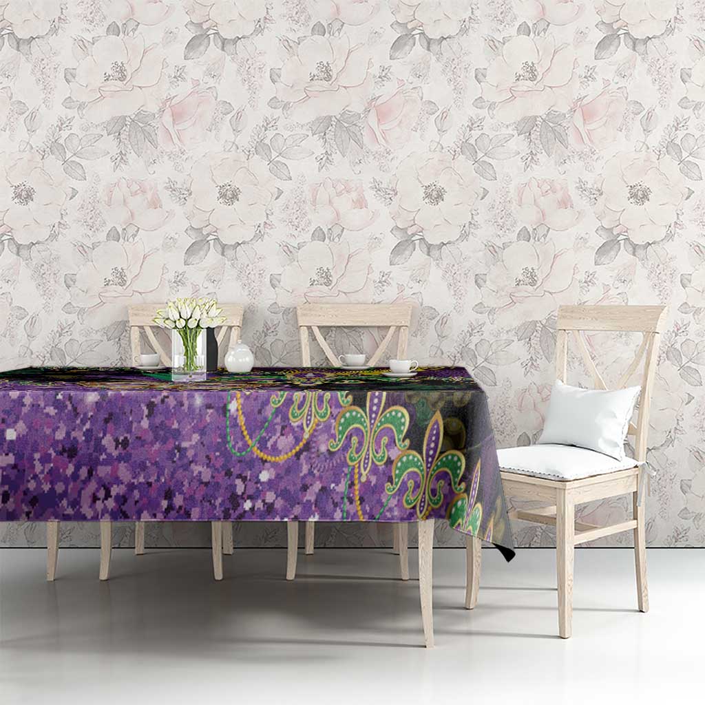 Fleur De Lis Mardi Gras Mask Tablecloth 504 NOLA Carnival Feathers Glitter Effect