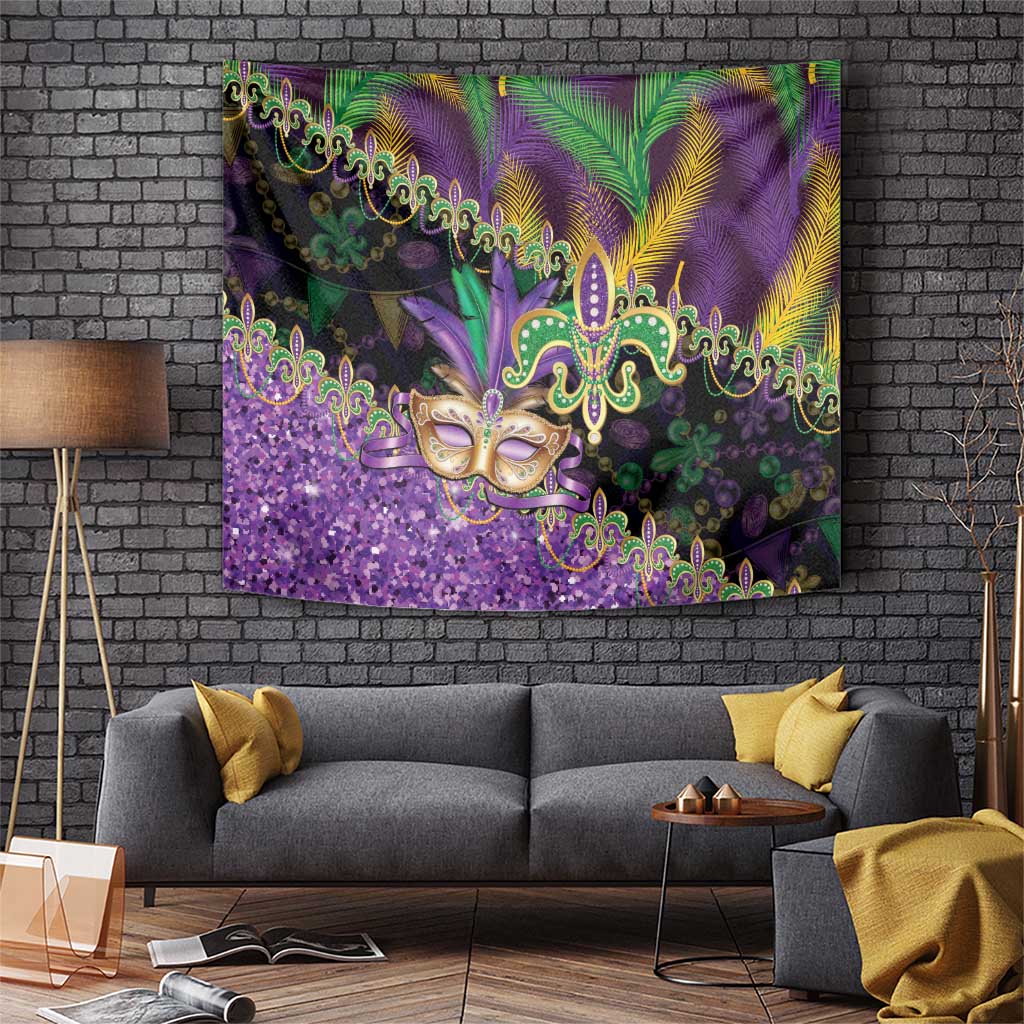 Fleur De Lis Mardi Gras Mask Tapestry 504 NOLA Carnival Feathers Glitter Effect