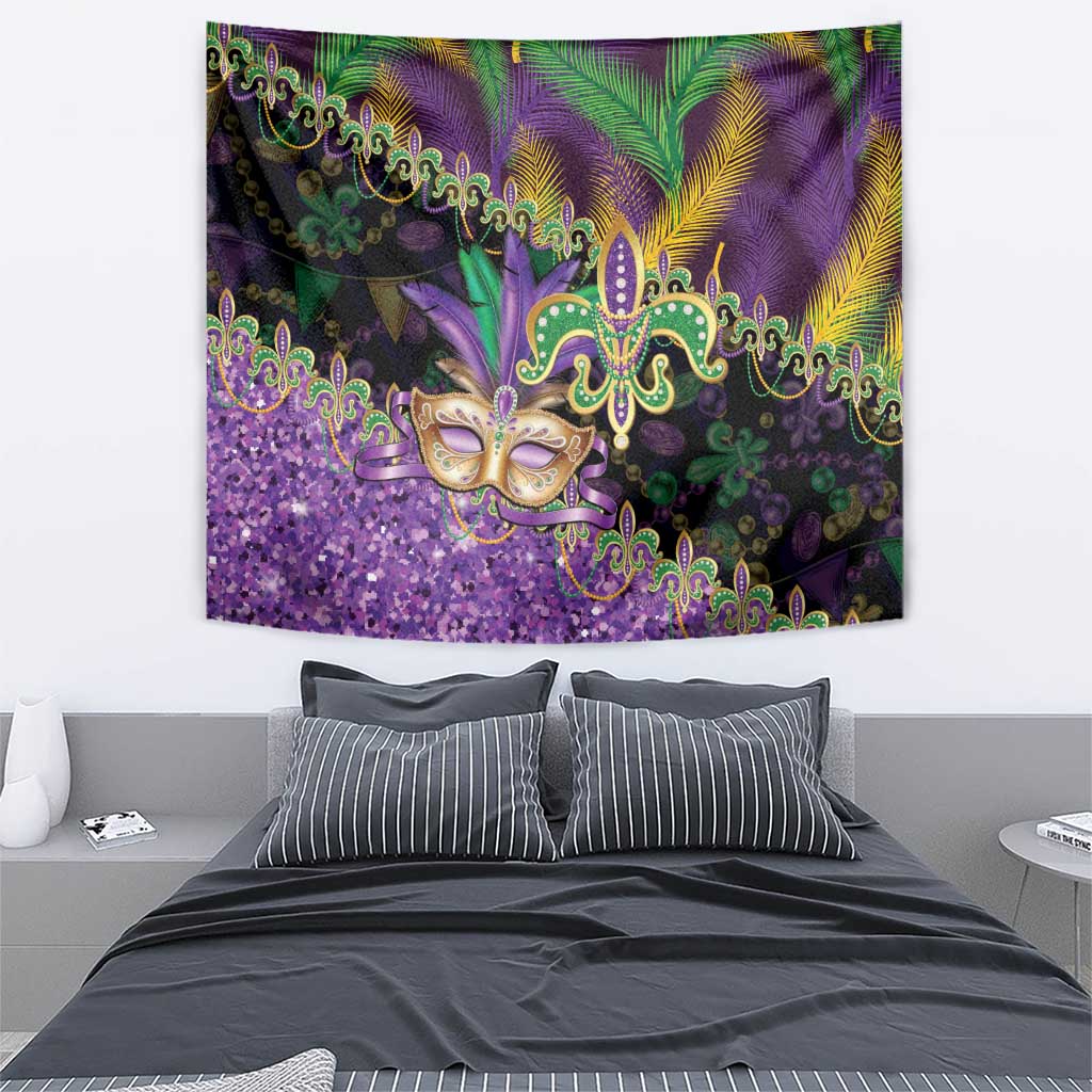 Fleur De Lis Mardi Gras Mask Tapestry 504 NOLA Carnival Feathers Glitter Effect