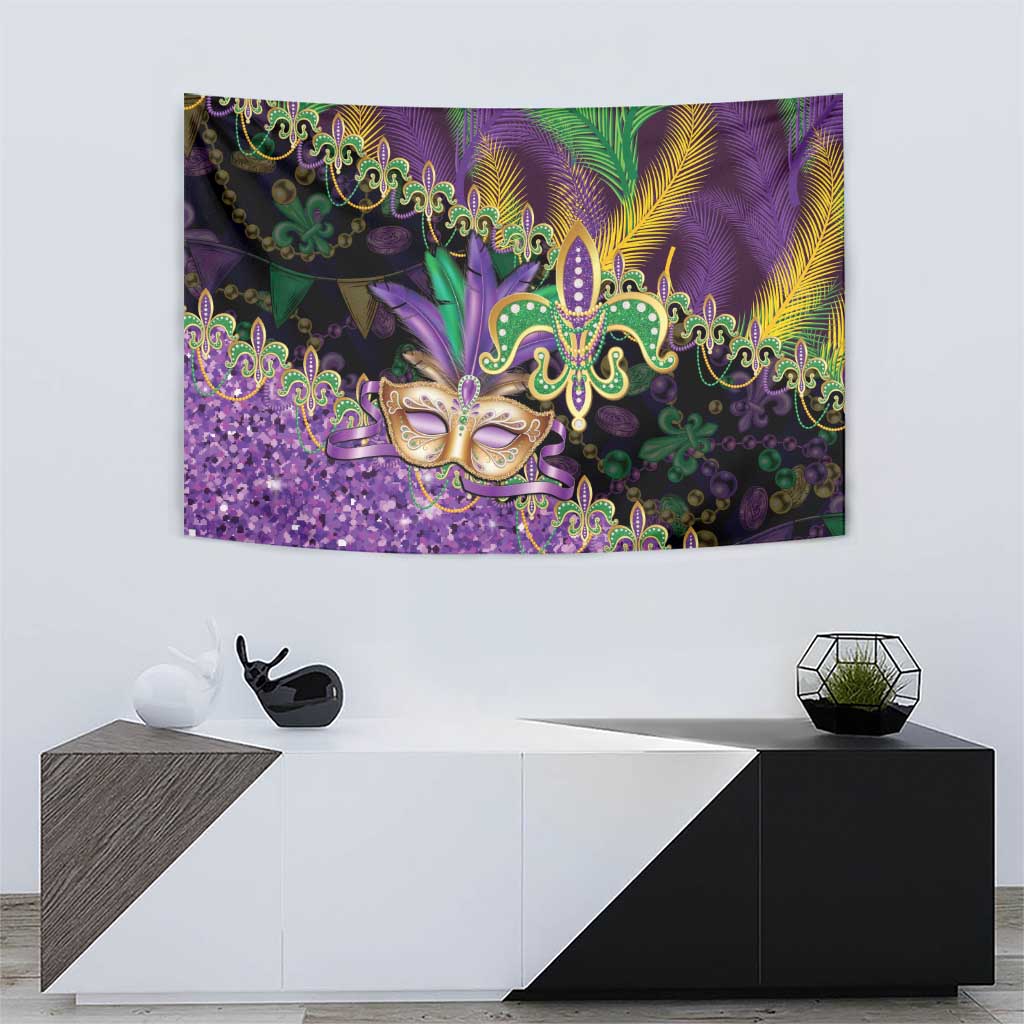 Fleur De Lis Mardi Gras Mask Tapestry 504 NOLA Carnival Feathers Glitter Effect