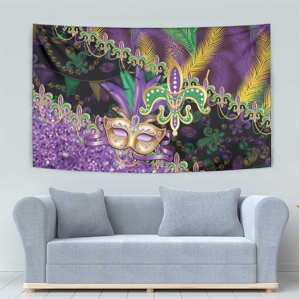 Fleur De Lis Mardi Gras Mask Tapestry 504 NOLA Carnival Feathers Glitter Effect
