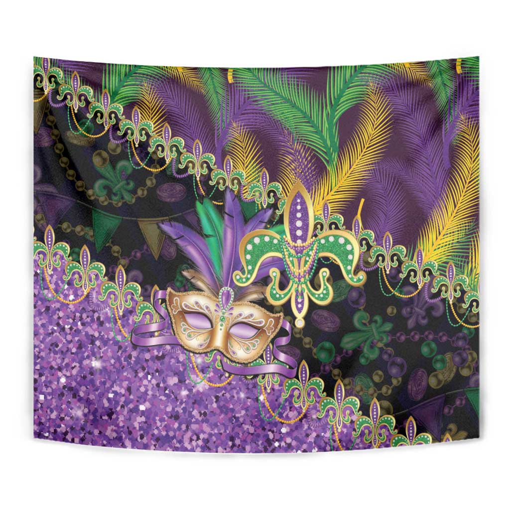 Fleur De Lis Mardi Gras Mask Tapestry 504 NOLA Carnival Feathers Glitter Effect
