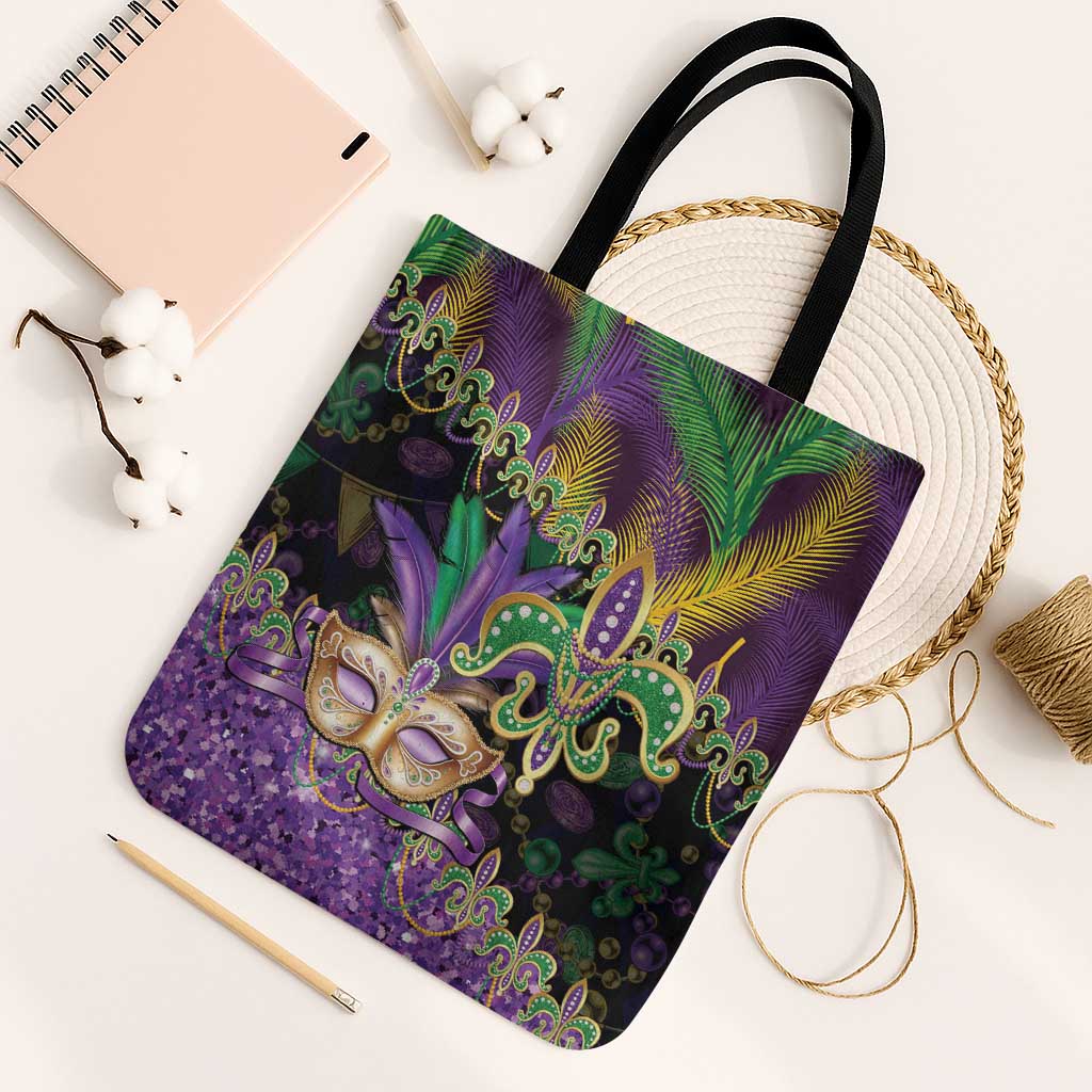 Fleur De Lis Mardi Gras Mask Tote Bag 504 NOLA Carnival Feathers Glitter Effect