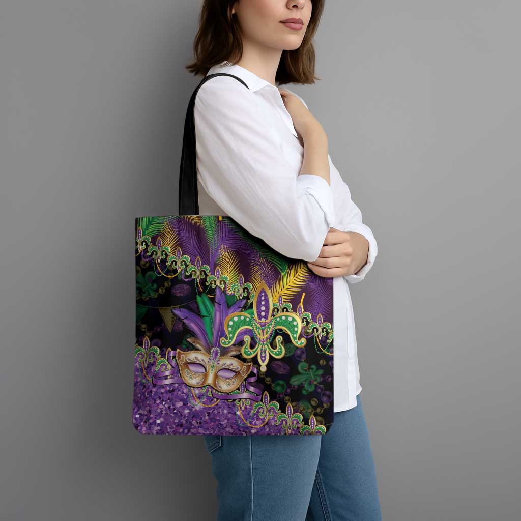 Fleur De Lis Mardi Gras Mask Tote Bag 504 NOLA Carnival Feathers Glitter Effect