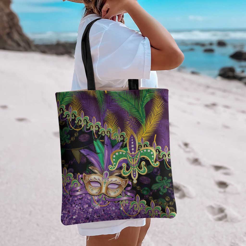 Fleur De Lis Mardi Gras Mask Tote Bag 504 NOLA Carnival Feathers Glitter Effect
