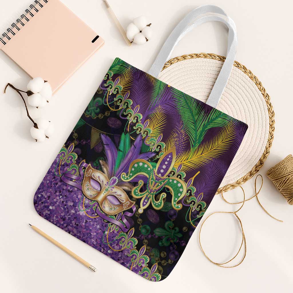 Fleur De Lis Mardi Gras Mask Tote Bag 504 NOLA Carnival Feathers Glitter Effect