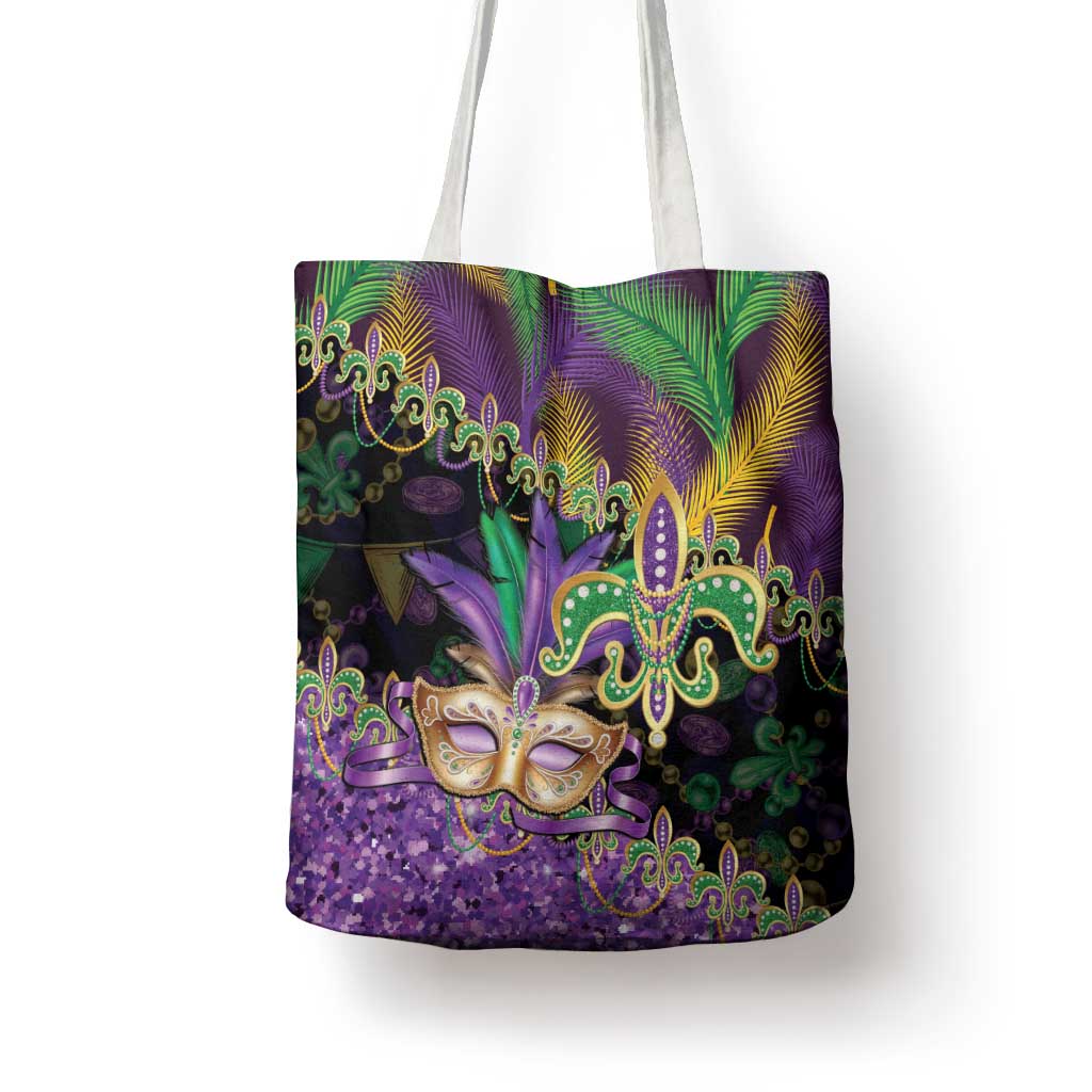 Fleur De Lis Mardi Gras Mask Tote Bag 504 NOLA Carnival Feathers Glitter Effect