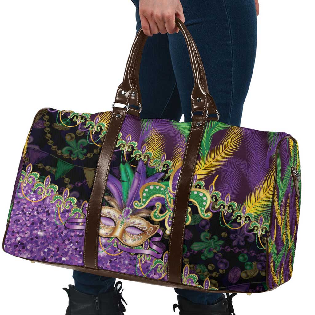 Fleur De Lis Mardi Gras Mask Travel Bag 504 NOLA Carnival Feathers Glitter Effect