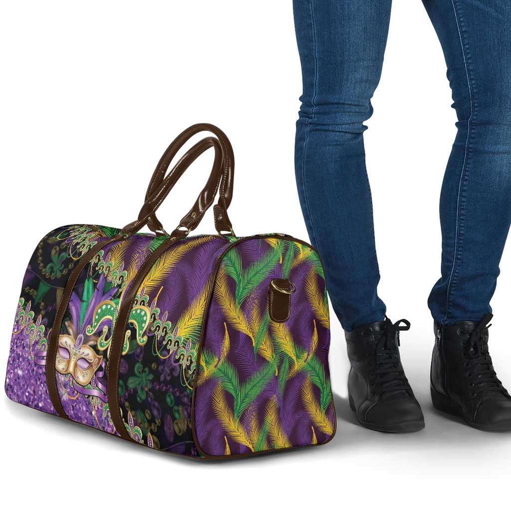 Fleur De Lis Mardi Gras Mask Travel Bag 504 NOLA Carnival Feathers Glitter Effect