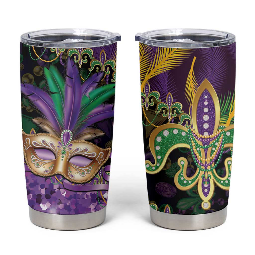 Fleur De Lis Mardi Gras Mask Tumbler Cup 504 NOLA Carnival Feathers Glitter Effect