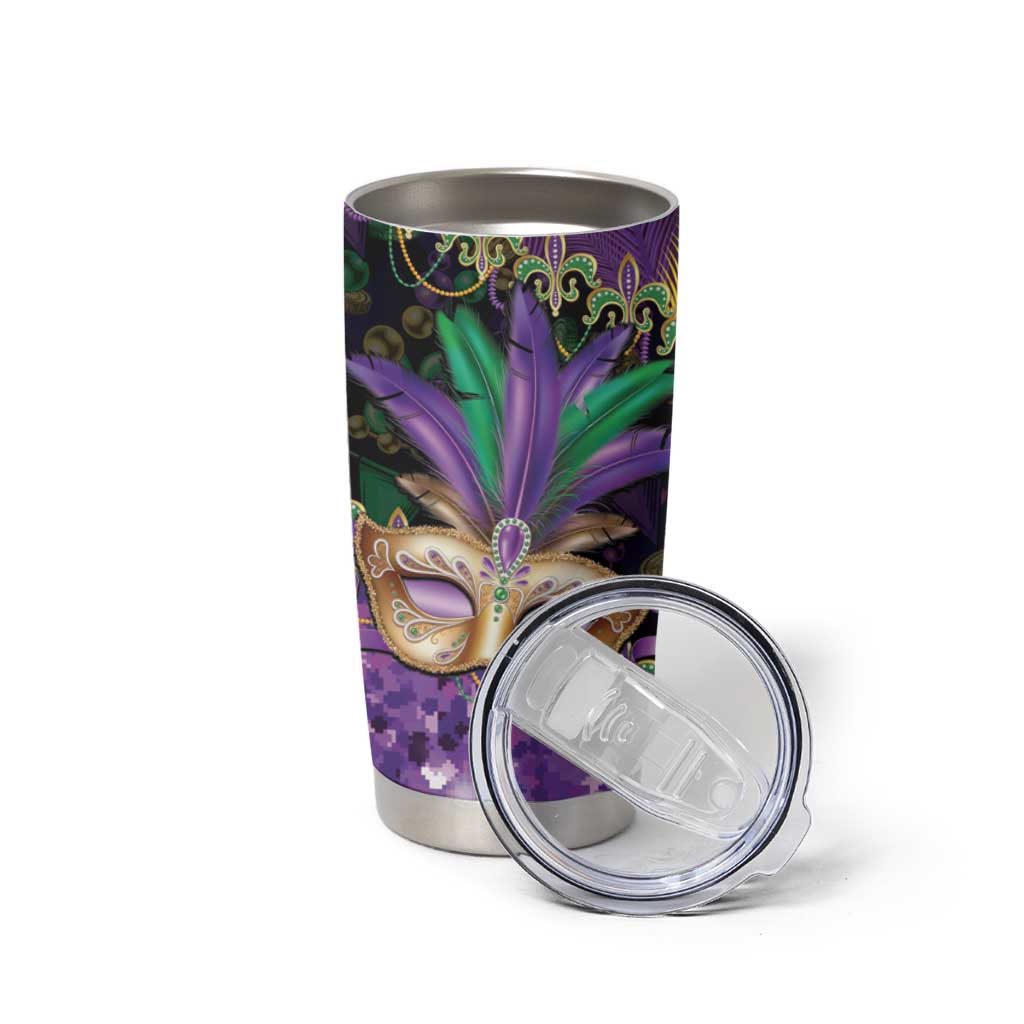 Fleur De Lis Mardi Gras Mask Tumbler Cup 504 NOLA Carnival Feathers Glitter Effect