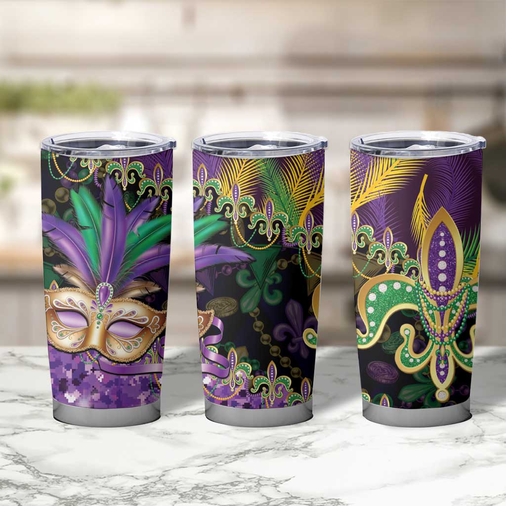 Fleur De Lis Mardi Gras Mask Tumbler Cup 504 NOLA Carnival Feathers Glitter Effect