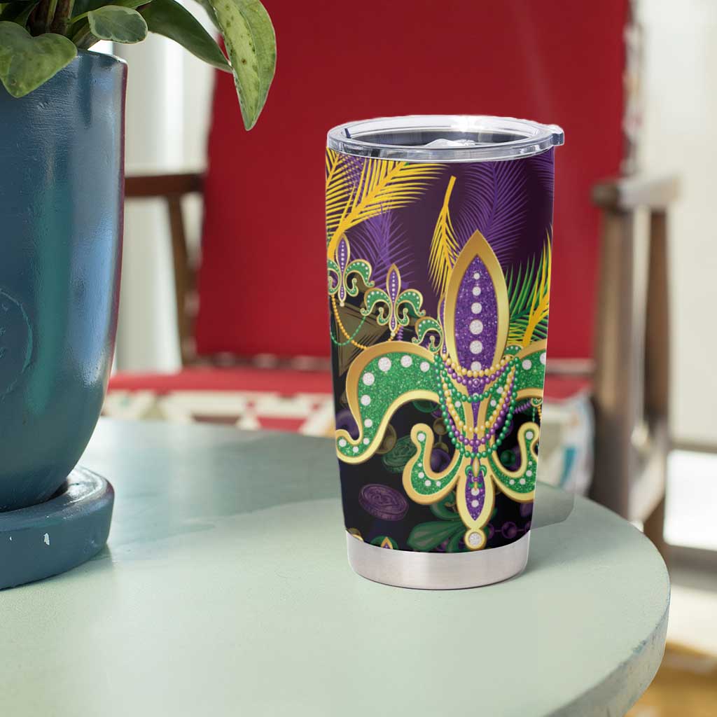 Fleur De Lis Mardi Gras Mask Tumbler Cup 504 NOLA Carnival Feathers Glitter Effect