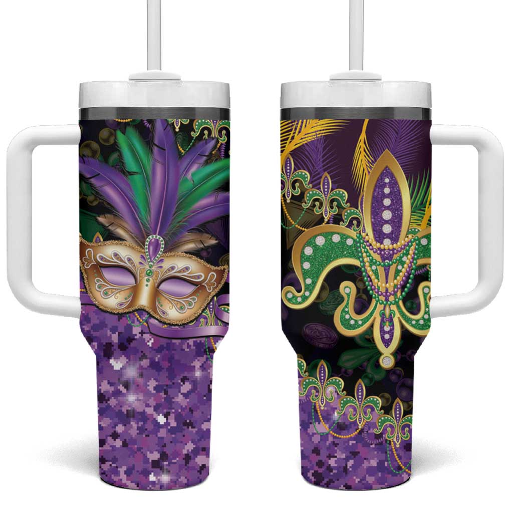 Fleur De Lis Mardi Gras Mask Tumbler With Handle 504 NOLA Carnival Feathers Glitter Effect
