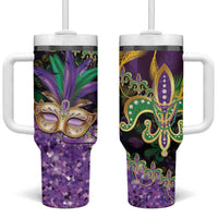 Fleur De Lis Mardi Gras Mask Tumbler With Handle 504 NOLA Carnival Feathers Glitter Effect