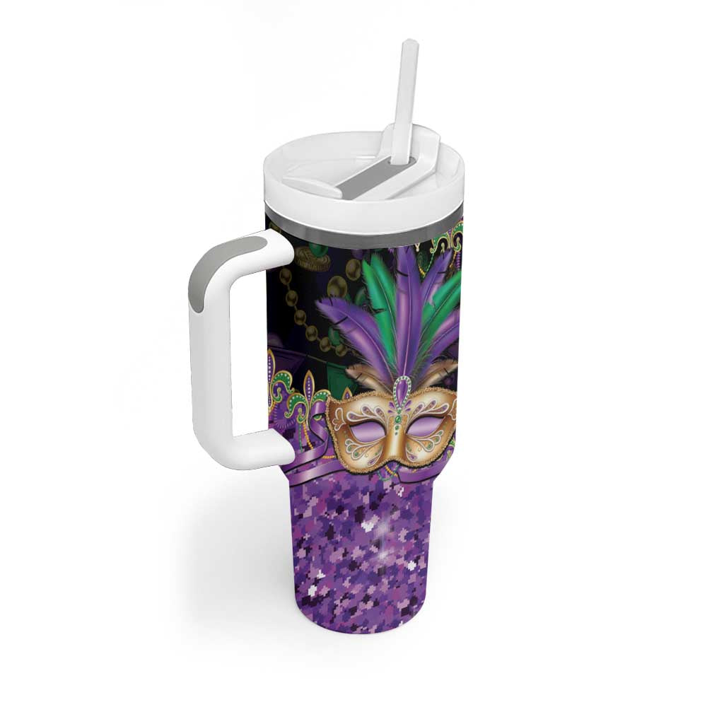Fleur De Lis Mardi Gras Mask Tumbler With Handle 504 NOLA Carnival Feathers Glitter Effect