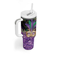Fleur De Lis Mardi Gras Mask Tumbler With Handle 504 NOLA Carnival Feathers Glitter Effect