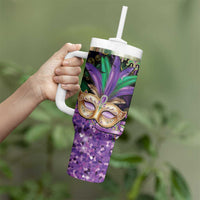 Fleur De Lis Mardi Gras Mask Tumbler With Handle 504 NOLA Carnival Feathers Glitter Effect