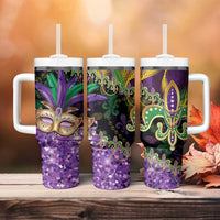 Fleur De Lis Mardi Gras Mask Tumbler With Handle 504 NOLA Carnival Feathers Glitter Effect