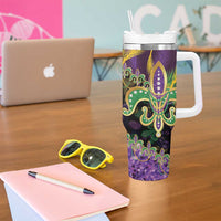 Fleur De Lis Mardi Gras Mask Tumbler With Handle 504 NOLA Carnival Feathers Glitter Effect