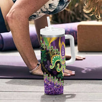 Fleur De Lis Mardi Gras Mask Tumbler With Handle 504 NOLA Carnival Feathers Glitter Effect
