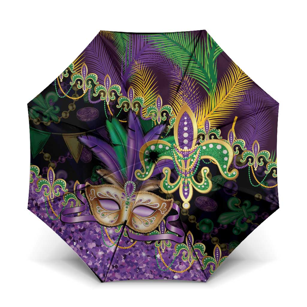 Fleur De Lis Mardi Gras Mask Umbrella 504 NOLA Carnival Feathers Glitter Effect