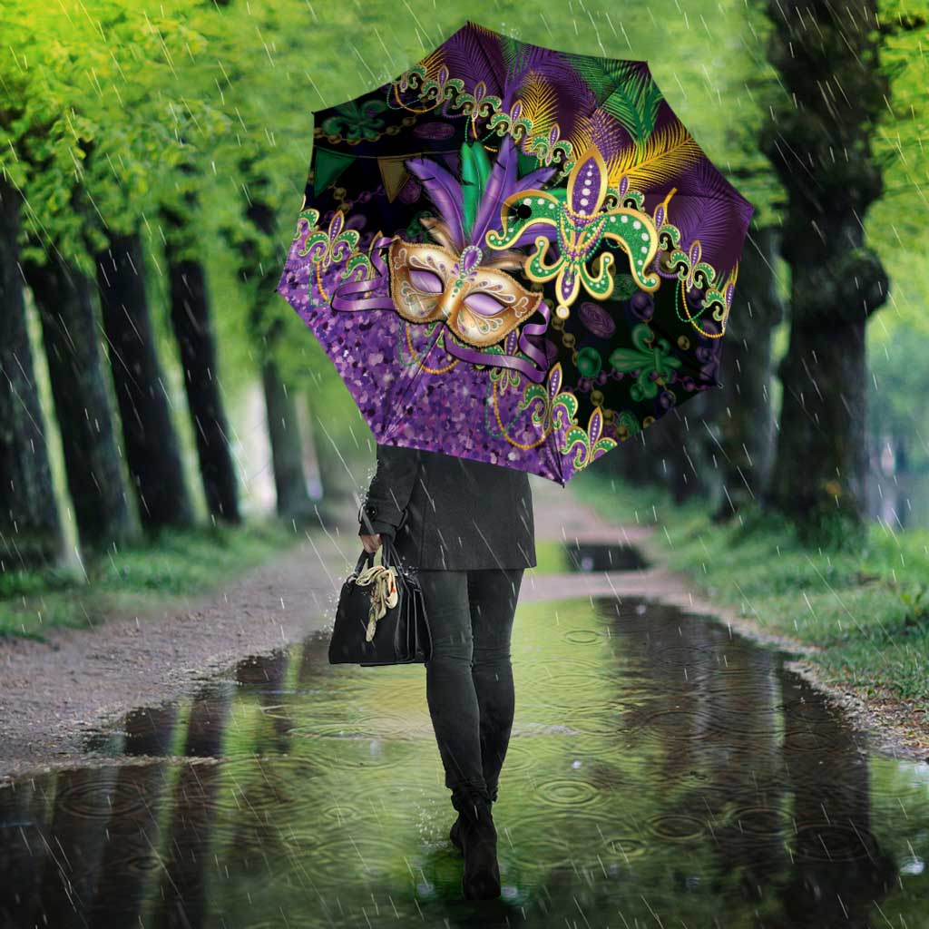 Fleur De Lis Mardi Gras Mask Umbrella 504 NOLA Carnival Feathers Glitter Effect
