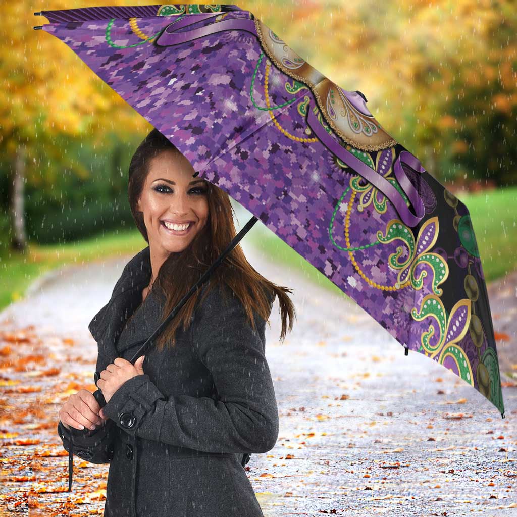 Fleur De Lis Mardi Gras Mask Umbrella 504 NOLA Carnival Feathers Glitter Effect