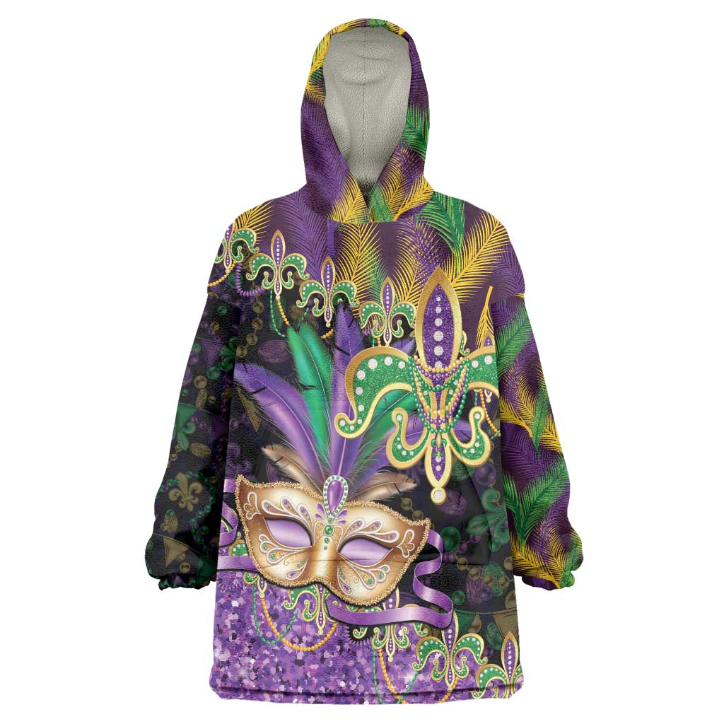 Fleur De Lis Mardi Gras Mask Wearable Blanket Hoodie 504 NOLA Carnival Feathers Glitter Effect