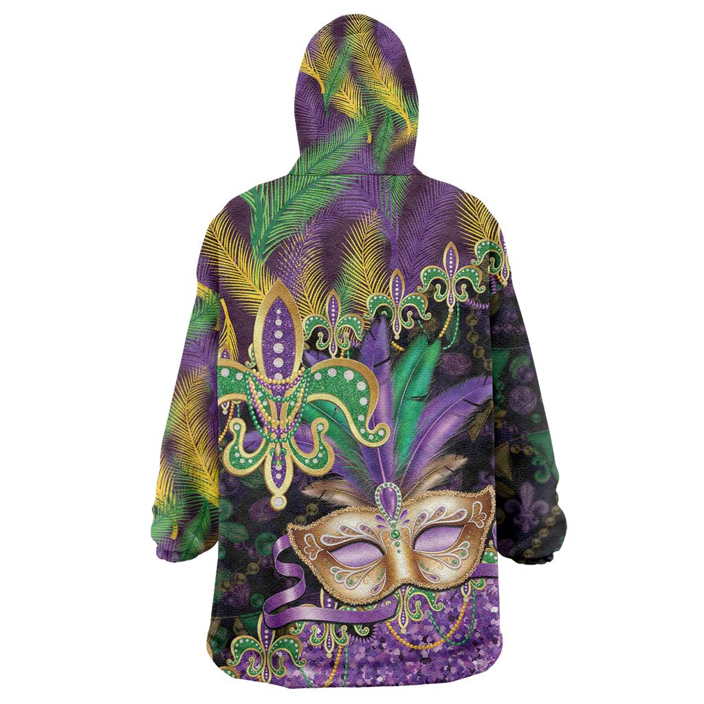 Fleur De Lis Mardi Gras Mask Wearable Blanket Hoodie 504 NOLA Carnival Feathers Glitter Effect