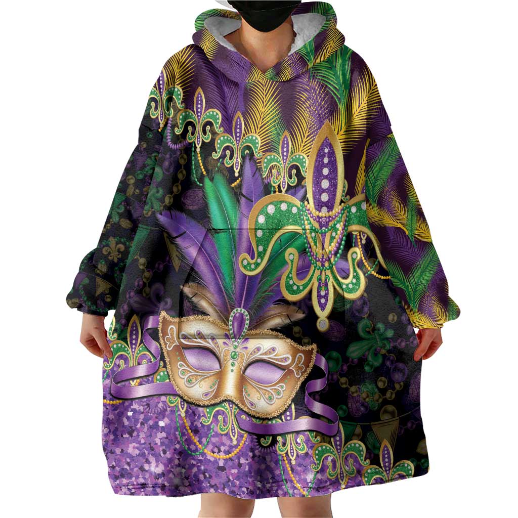 Fleur De Lis Mardi Gras Mask Wearable Blanket Hoodie 504 NOLA Carnival Feathers Glitter Effect