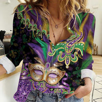 Fleur De Lis Mardi Gras Mask Women Casual Shirt 504 NOLA Carnival Feathers Glitter Effect