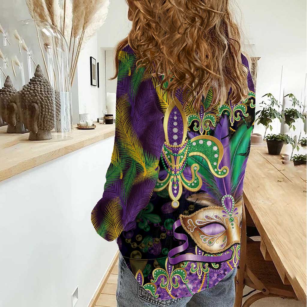 Fleur De Lis Mardi Gras Mask Women Casual Shirt 504 NOLA Carnival Feathers Glitter Effect