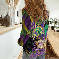 Fleur De Lis Mardi Gras Mask Women Casual Shirt 504 NOLA Carnival Feathers Glitter Effect