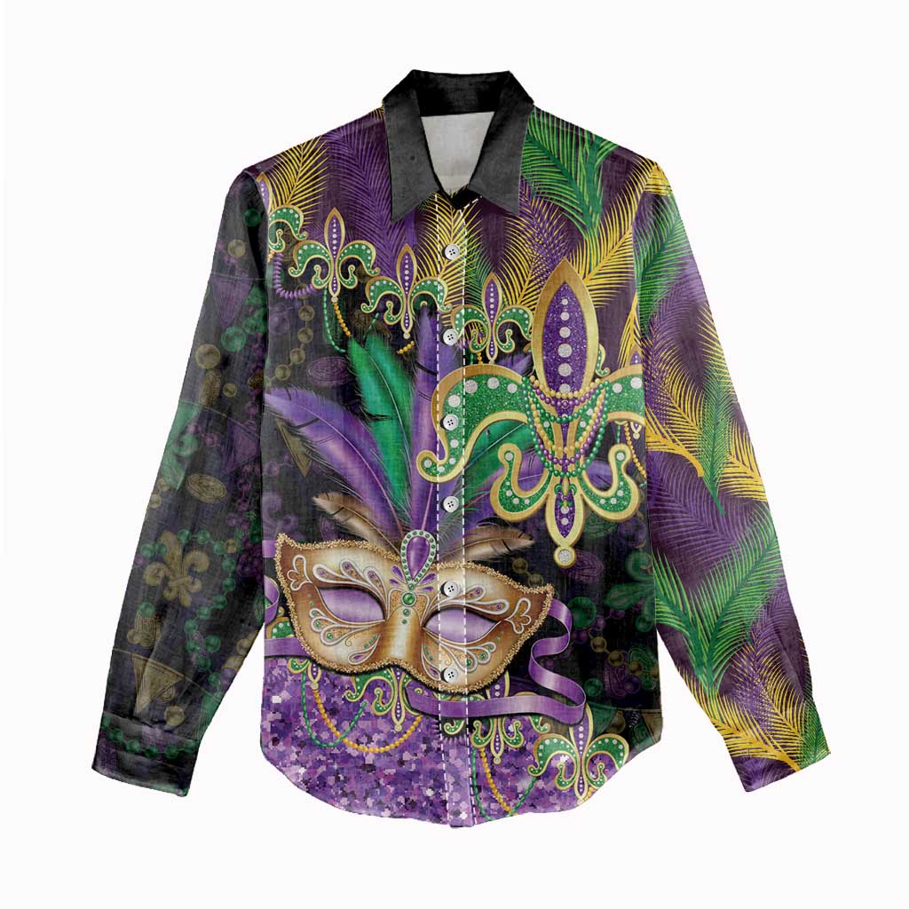 Fleur De Lis Mardi Gras Mask Women Casual Shirt 504 NOLA Carnival Feathers Glitter Effect