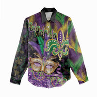 Fleur De Lis Mardi Gras Mask Women Casual Shirt 504 NOLA Carnival Feathers Glitter Effect