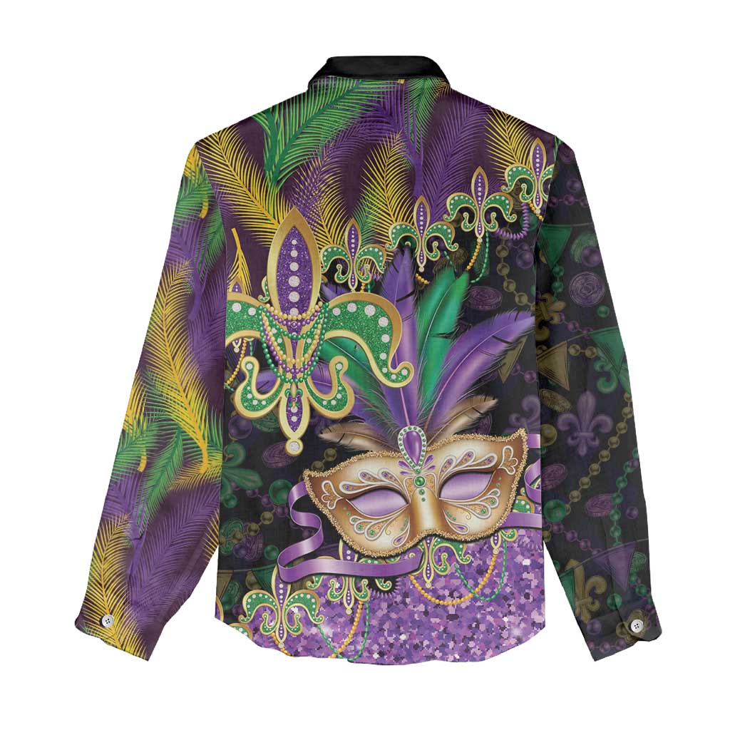 Fleur De Lis Mardi Gras Mask Women Casual Shirt 504 NOLA Carnival Feathers Glitter Effect