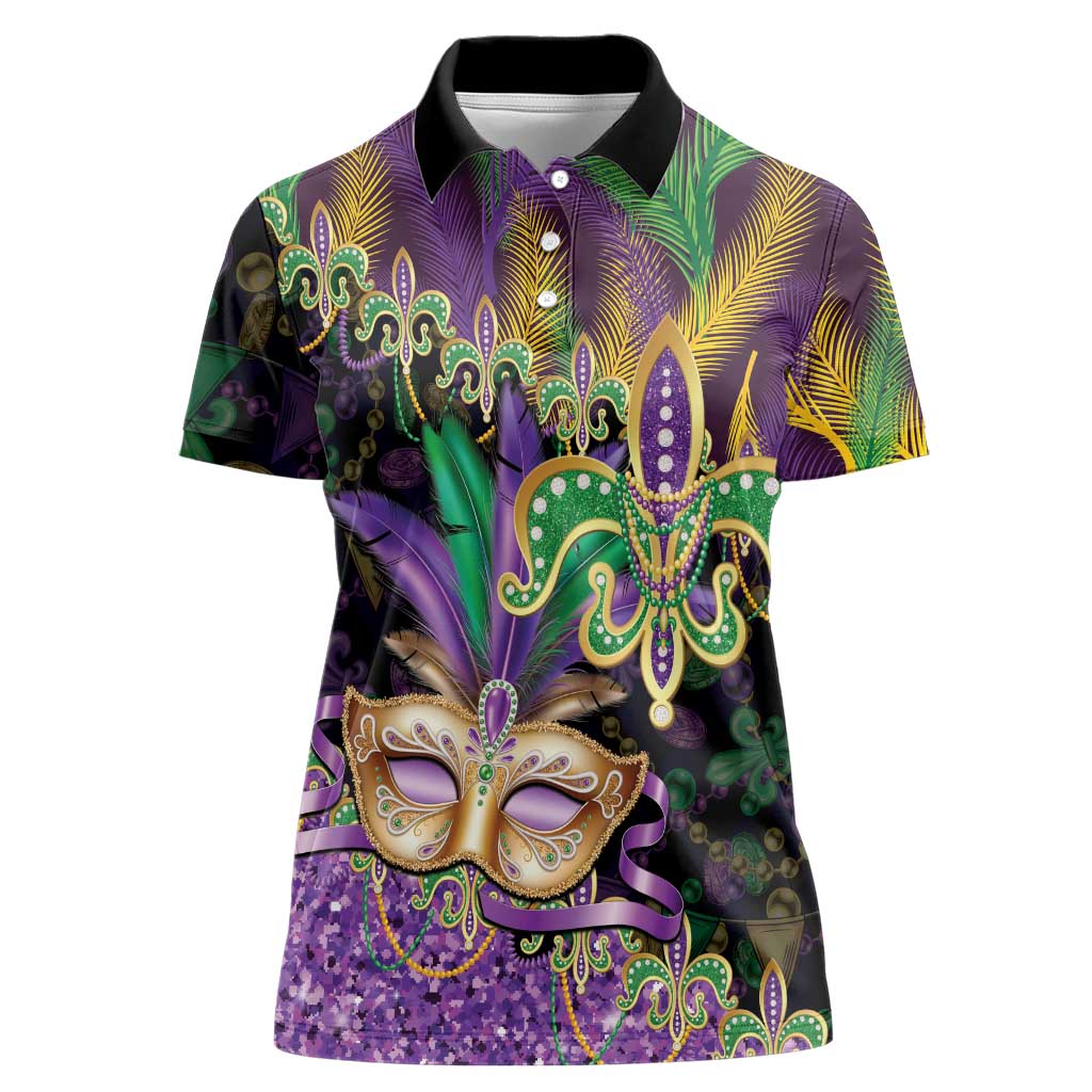Fleur De Lis Mardi Gras Mask Women Polo Shirt 504 NOLA Carnival Feathers Glitter Effect